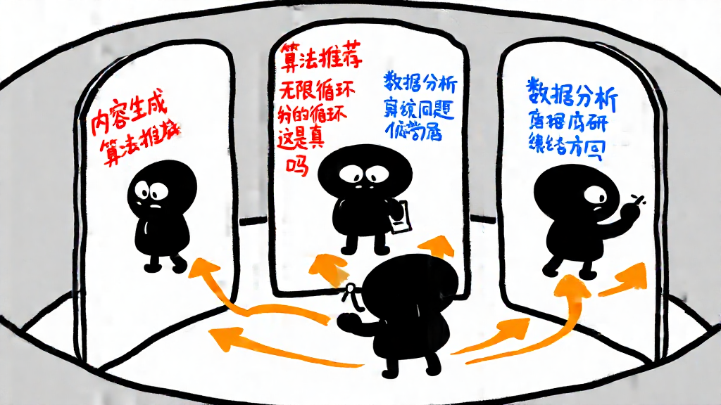小黑站在圆形镜面迷宫中,三面镜子形成无限反射的封闭回路