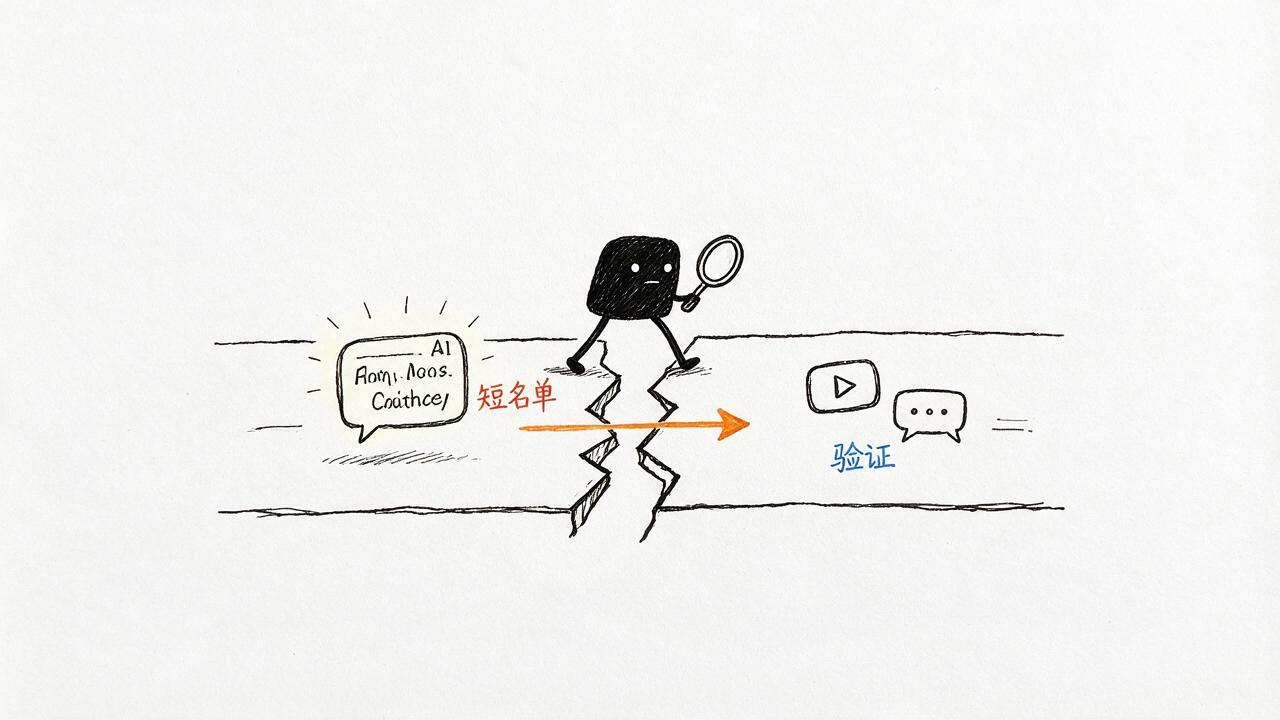 小黑站在裂成两段的路中间，左边是 AI 生成的短名单，右边举着放大镜去验证