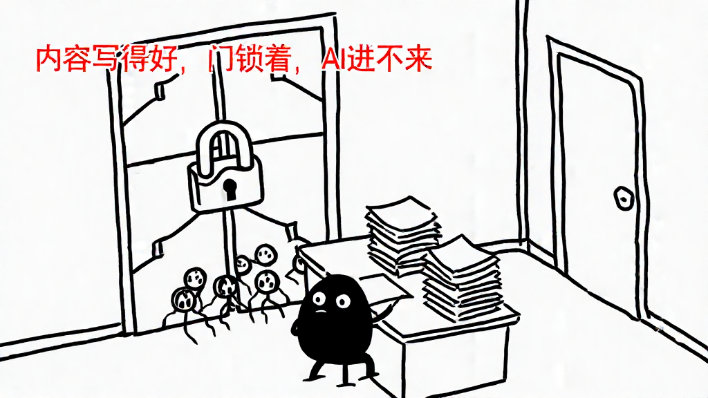 小黑在桌前写稿件，身后是挂着锁的门，AI 爬虫被挡在外面