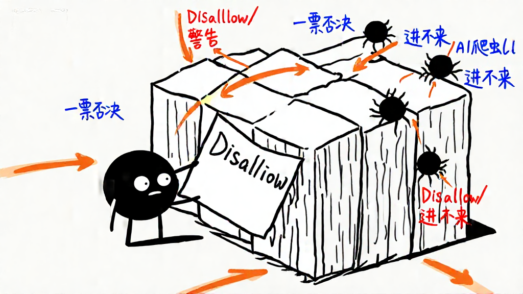 小黑举着一张写着 Disallow 的纸，纸变成一堵墙，AI 爬虫被挡在墙外