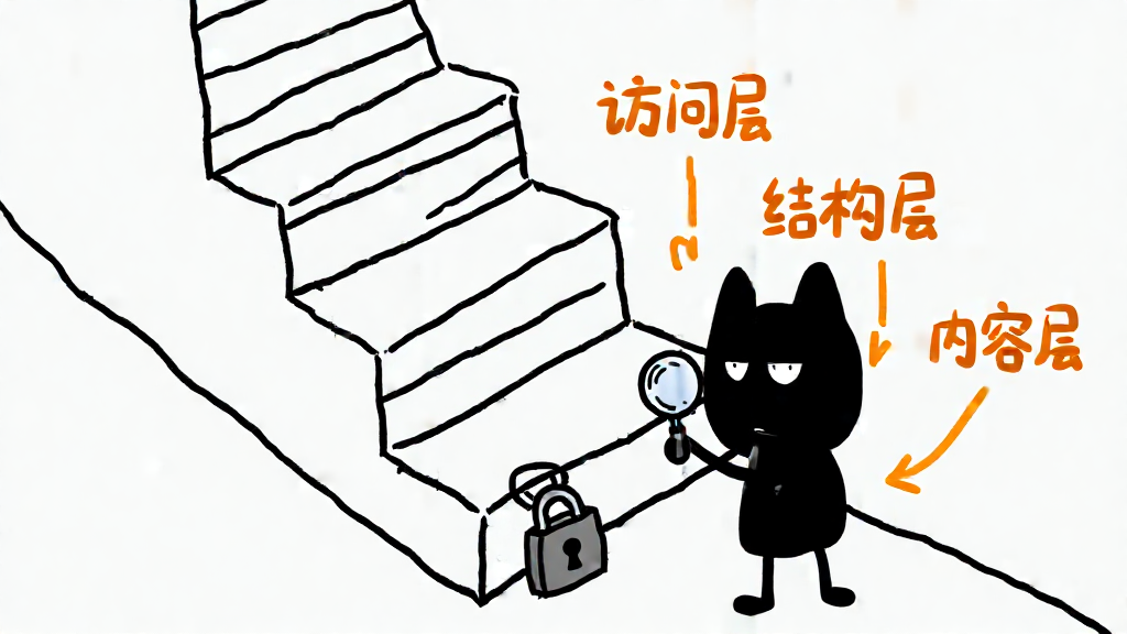 小黑拿着放大镜检查三层台阶，最底层台阶挂着一把大锁