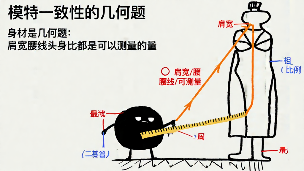 小黑拿着卷尺给模特量身材，旁边标着肩宽、腰线、比例的数字