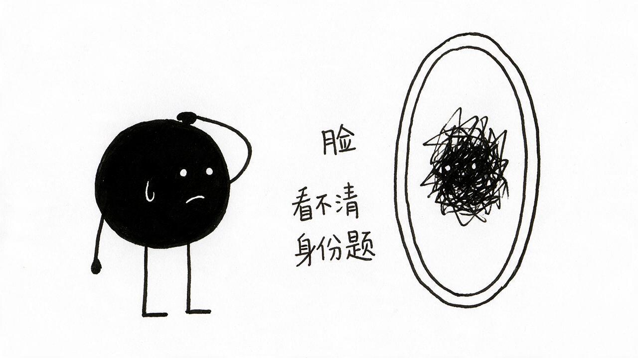 小黑对着一面镜子发愁，镜子里的脸是模糊的，怎么擦都看不清