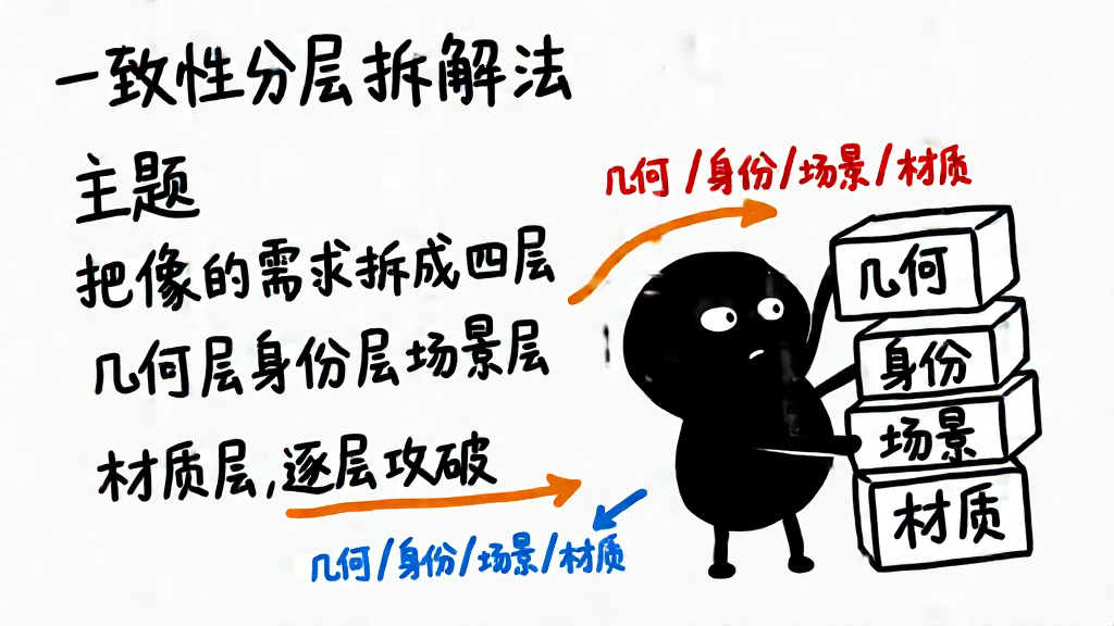 小黑把「像」字拆成四块积木，分别写着几何、身份、场景、材质