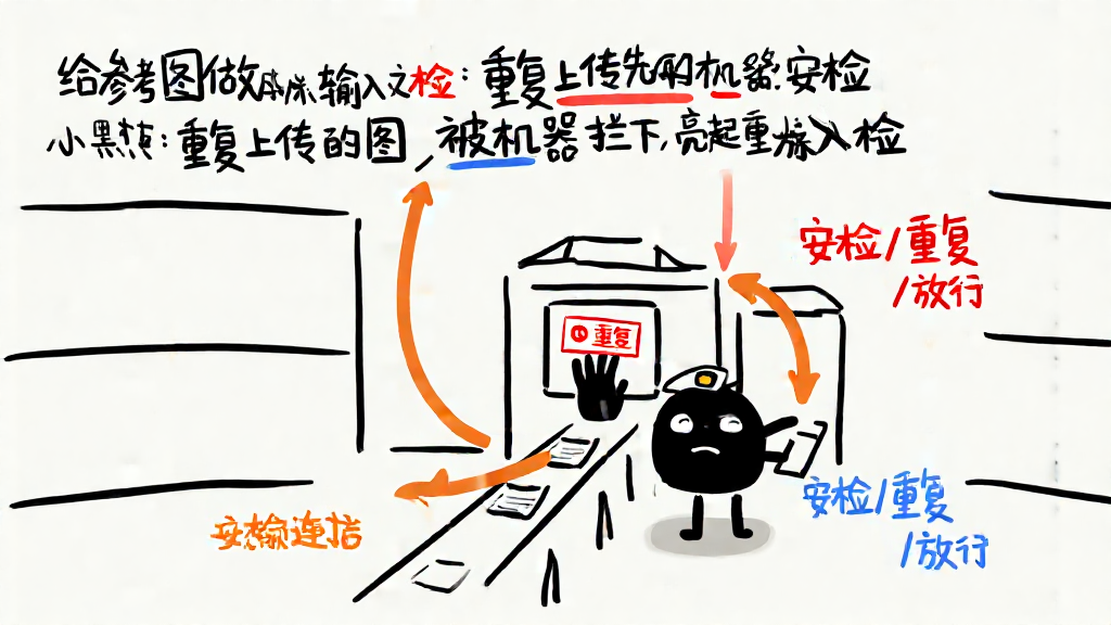 小黑像安检员一样站在传送带前,传送带上一张张参考图滚过,屏幕上亮起红色的「重复」