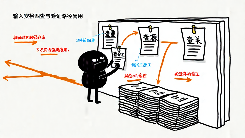 小黑站在一面卡片墙前,墙上依次贴着查重、查源、查关系、查分工四张卡片,身后是一排排做过的订单