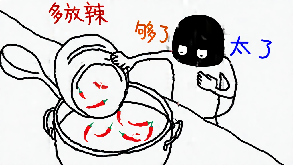 小黑抱着一罐辣椒往汤锅里倒,锅边写着多放辣