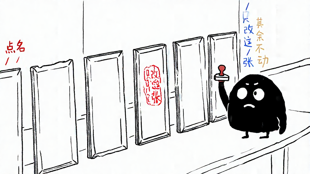 小黑给一排画框盖章,只有第二张盖上