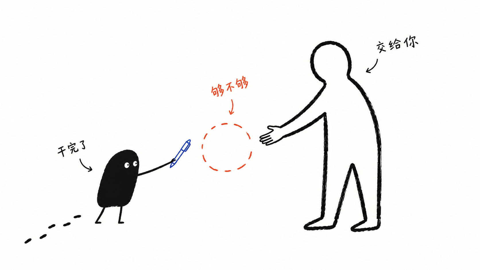 小黑把一支笔递给一个更大的黑影，自己退到画面边缘